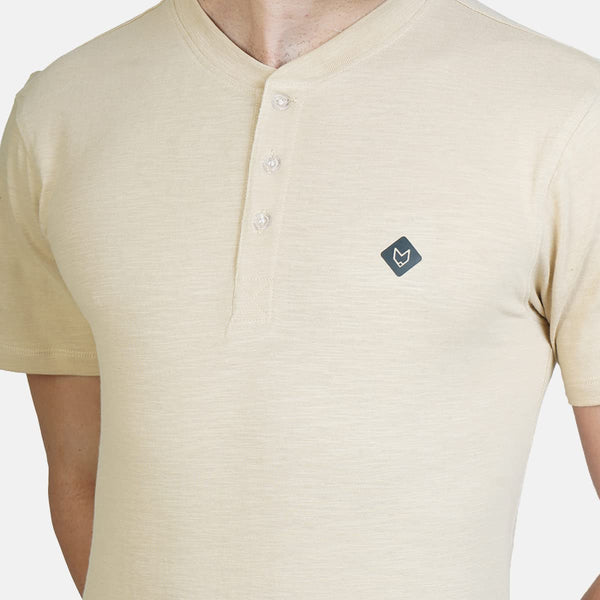 Almo Men Cotton Slub Henley T-Shirt | HalfSleeve | Lightweight & Breathable | Regular Fit Casual T-Shirt for Men-Tan