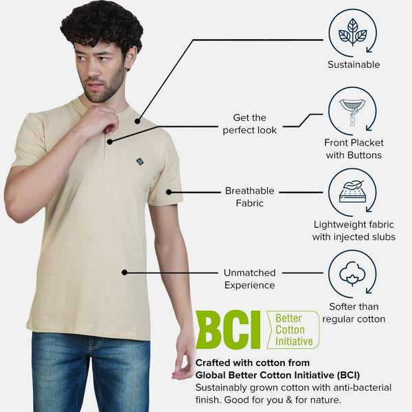 Almo Men Cotton Slub Henley T-Shirt | HalfSleeve | Lightweight & Breathable | Regular Fit Casual T-Shirt for Men-Tan