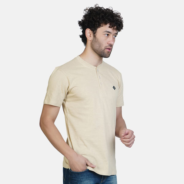 Almo Men Cotton Slub Henley T-Shirt | HalfSleeve | Lightweight & Breathable | Regular Fit Casual T-Shirt for Men-Tan