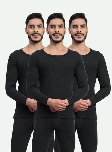 T.T. Men Regular Fit Cotton Rich With Elastomeric Finish Thermal Top Pack Of 3-Black