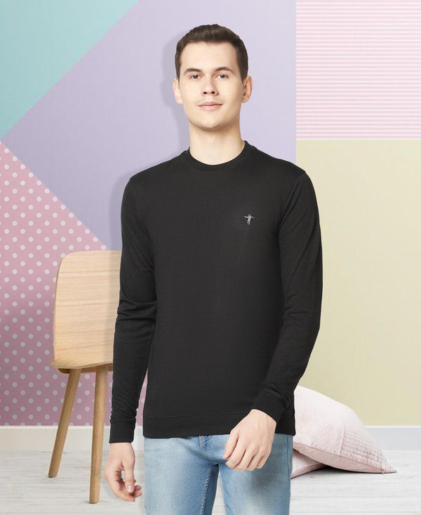 T.T. Men Black Cotton Polyster Regular Fit Solid Sweatshirt Style Tshirt