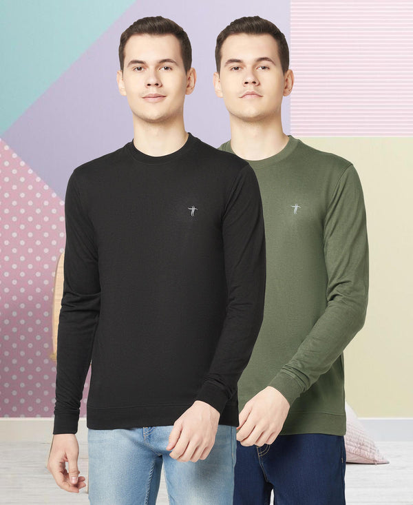 T.T. Men Cotton Polyster Regular Fit Solid Full Sleeve T-Shirt Pack Of 2 (Black-Olive )