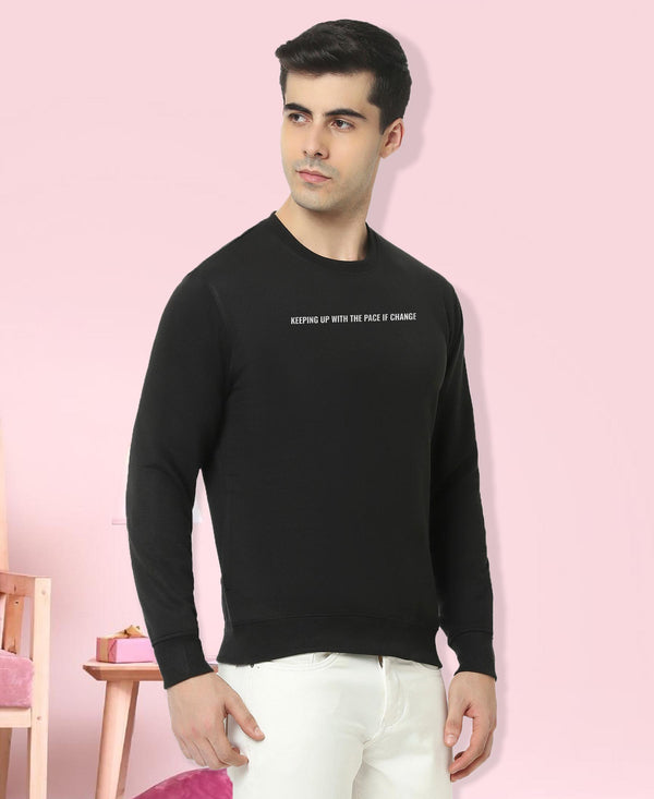 HiFlyers Men Slim Fit Slogan Printed Cotton Fleece Sweatshirt -Black