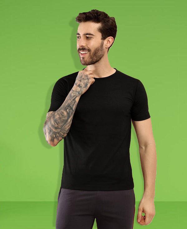 T.T. Men Slim Fit Poly Jersey Round Neck Half Sleeve T-Shirt Black