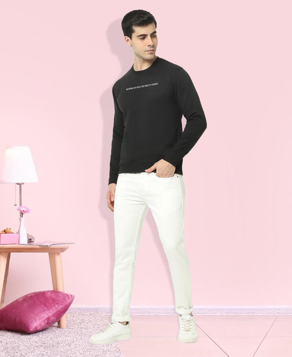 HiFlyers Men Slim Fit Slogan Printed Cotton Fleece Sweatshirt -Black