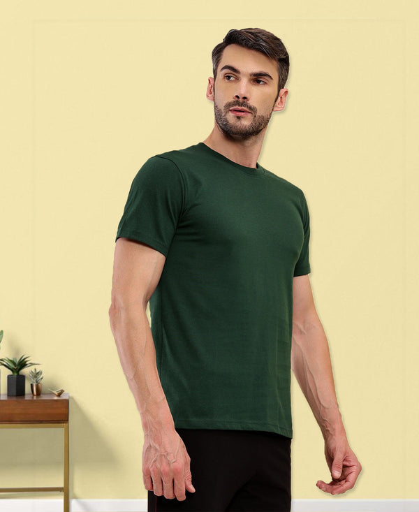 T.T. Men Eco Friendly (Cotton Rich) Recycled Fabric Solid Round Neck Regular Fit Bottle Green