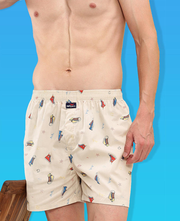 HiFlyers Men Regular Fit Printed Super Combed Cotton Woven Boxer Short Pack Of 1 Cream
