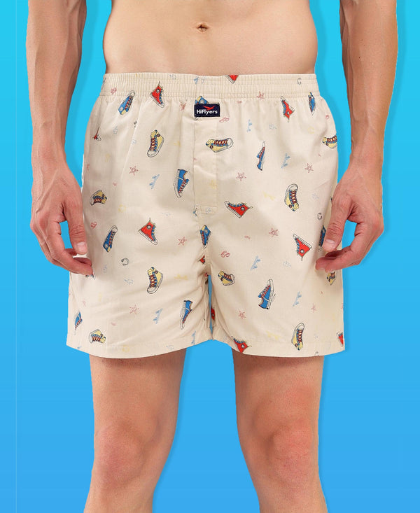 HiFlyers Men Regular Fit Printed Super Combed Cotton Woven Boxer Short Pack Of 1 Cream