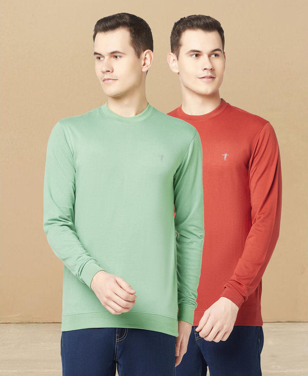 T.T. Men Cotton Polyster Regular Fit Solid Full Sleeve T-Shirt Pack Of 2 (Orange-Green )