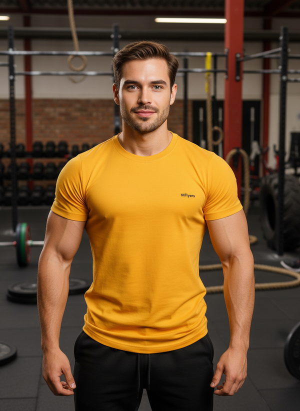 HiFlyers Men Slim Fit Solid Premium Rn Tshirts Gold