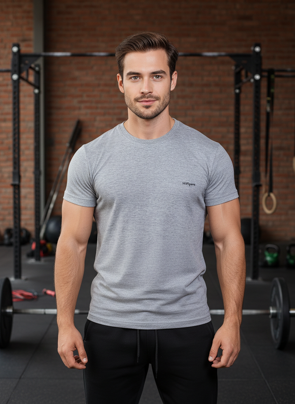 HiFlyers Men Slim Fit Solid Premium Rn Tshirts Grey Melange