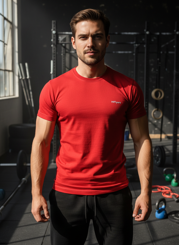 HiFlyers Men Slim Fit Solid Premium Rn Tshirts Red