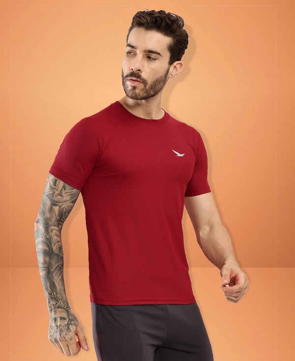 HiFlyers Men Regular Fit Polyster Pique Round Neck Half Sleev Tshirt Maroon