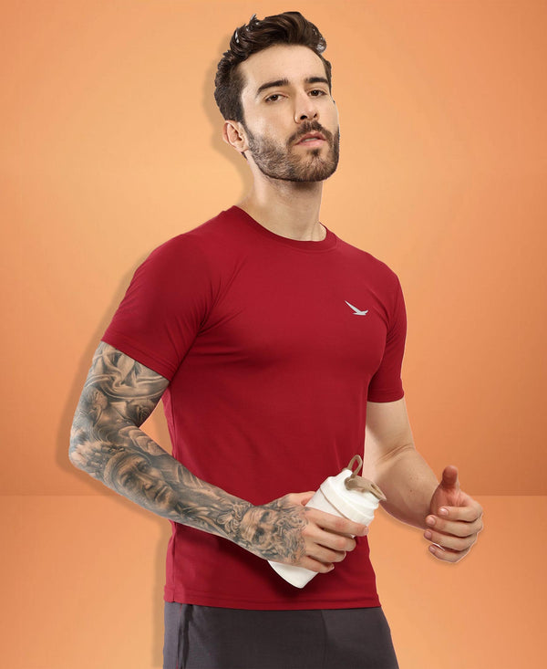 HiFlyers Men Regular Fit Polyster Pique Round Neck Half Sleev Tshirt Maroon