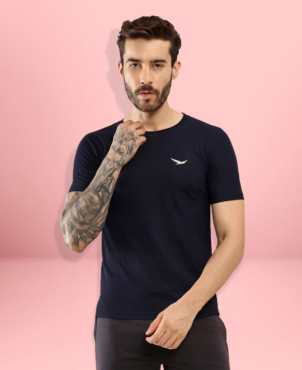 HiFlyers Men Regular Fit Polyster Pique Round Neck Half Sleev Tshirt Navy