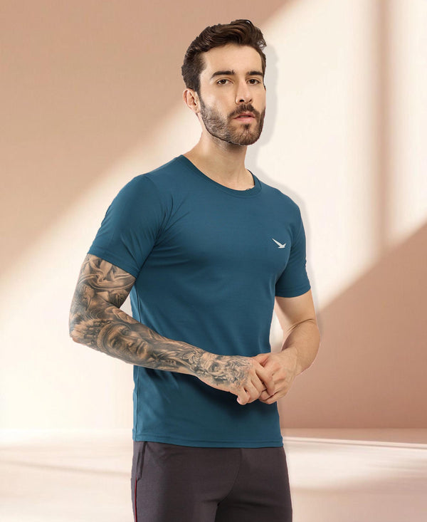 HiFlyers Men Regular Fit Polyster Pique Round Neck Half Sleev Tshirt Teal Blue