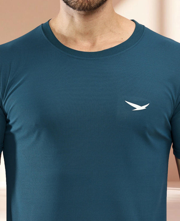 HiFlyers Men Regular Fit Polyster Pique Round Neck Half Sleev Tshirt Teal Blue