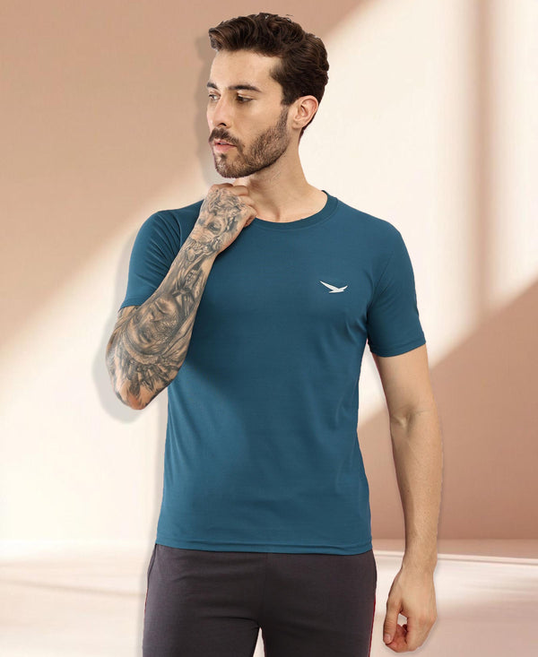 HiFlyers Men Regular Fit Polyster Pique Round Neck Half Sleev Tshirt Teal Blue