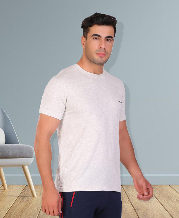 HiFlyers Men Slim Fit Self-Design Premium Rn Tshirts Ecru Melange