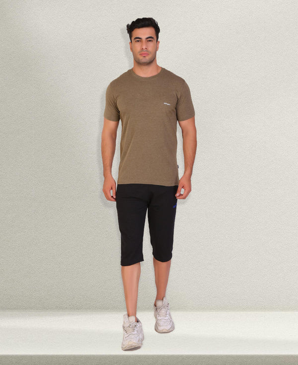 HiFlyers Men Slim Fit Self-Design Premium Melange Rn Tshirts Olive