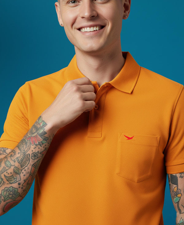 HiFlyers Men'S Solid Regular Fit Polo T-Shirt With Pocket -Dark Mustard