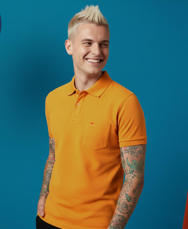 HiFlyers Men'S Solid Regular Fit Polo T-Shirt With Pocket -Dark Mustard