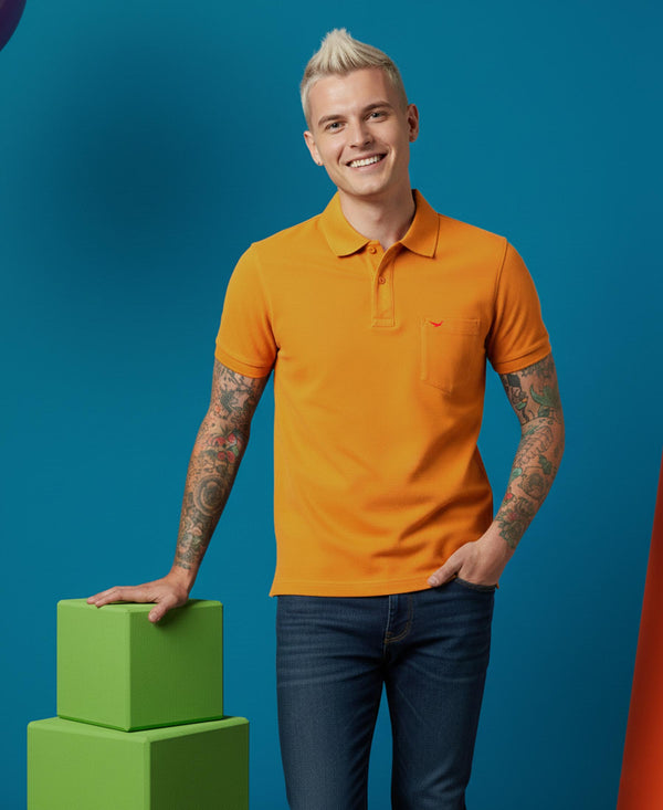 HiFlyers Men'S Solid Regular Fit Polo T-Shirt With Pocket -Dark Mustard