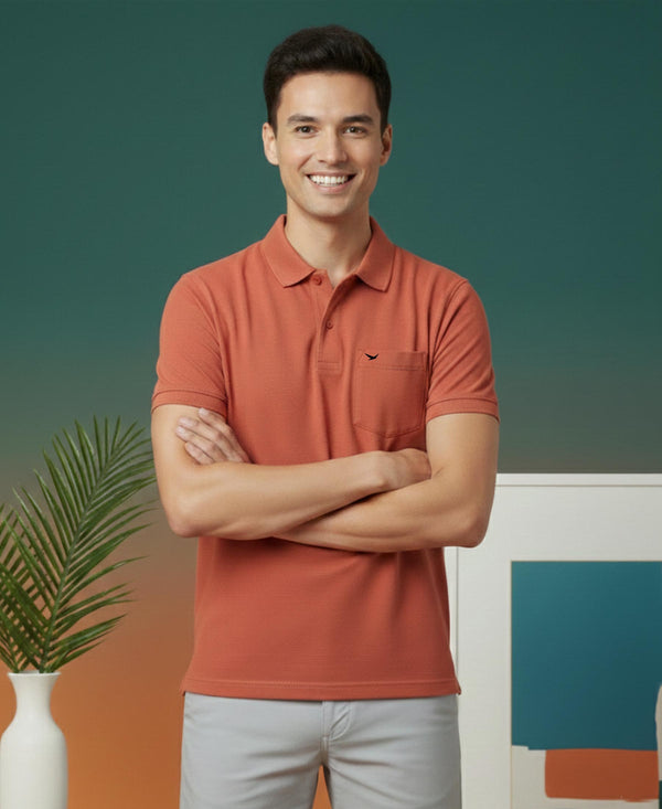 HiFlyers Men'S Solid Regular Fit Polo T-Shirt With Pocket -Red Melange
