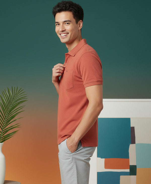 HiFlyers Men'S Solid Regular Fit Polo T-Shirt With Pocket -Red Melange