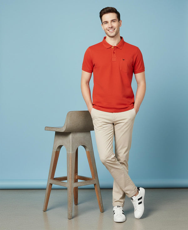 HiFlyers Men'S Solid Regular Fit Polo T-Shirt With Pocket -Rust