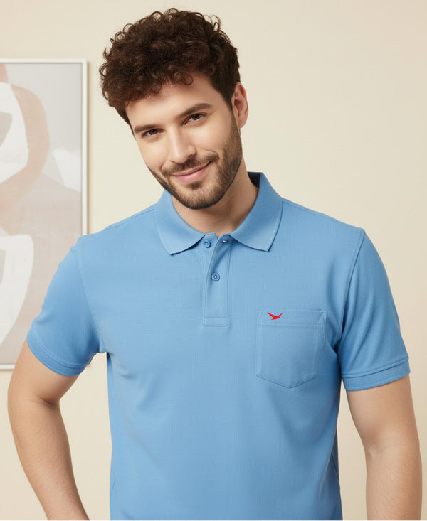 HiFlyers Men'S Solid Regular Fit Polo T-Shirt With Pocket -Sky Blue