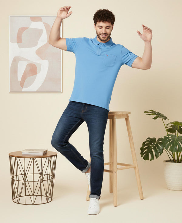 HiFlyers Men'S Solid Regular Fit Polo T-Shirt With Pocket -Sky Blue
