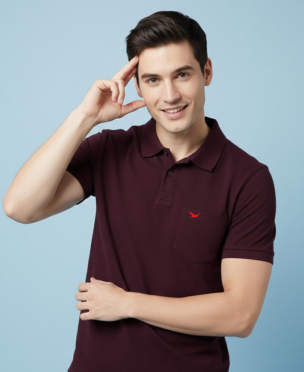 HiFlyers Men'S Solid Regular Fit Polo T-Shirt With Pocket -Wine