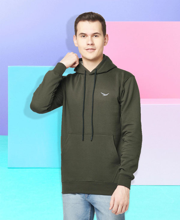 HiFlyers Men Olive Cotton Fleece Smart FitSolid Sweatshirt With Hood