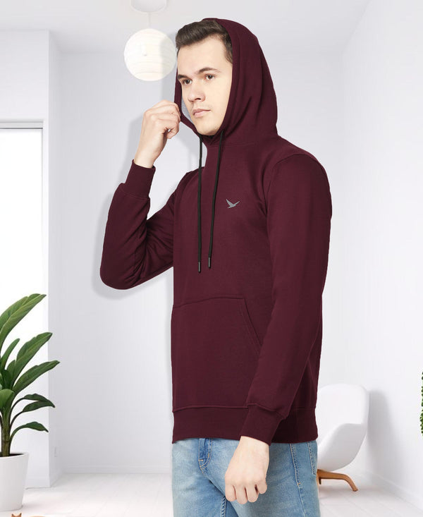 HiFlyers Men Wine Cotton Fleece Smart FitSolid Sweatshirt With Hood