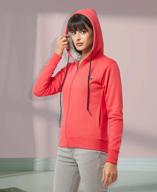 HiFlyers Women Orange Cotton FleeceSolid Sweatshirt With Hood