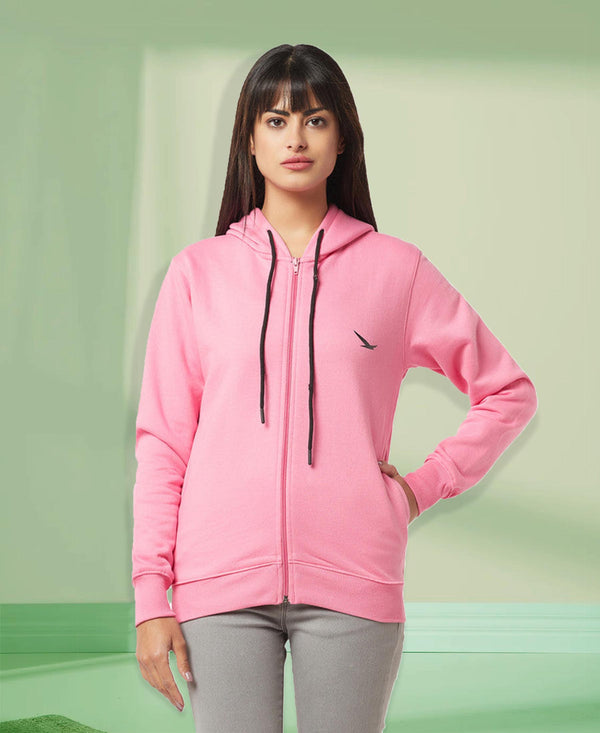 HiFlyers Women Pink Cotton FleeceSolid Sweatshirt With Hood