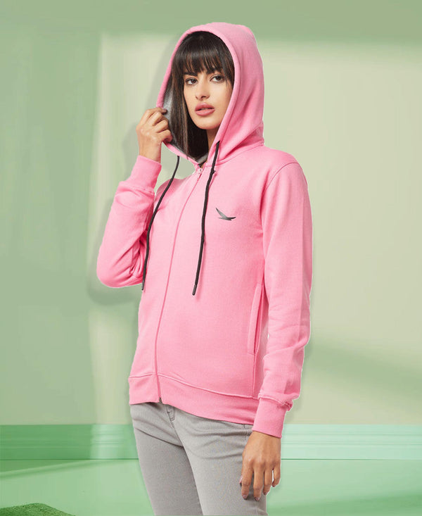HiFlyers Women Pink Cotton FleeceSolid Sweatshirt With Hood