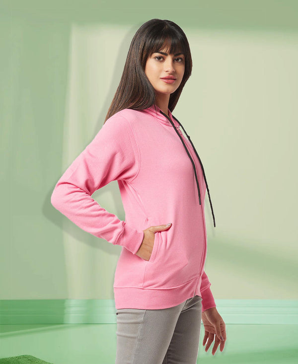 HiFlyers Women Pink Cotton FleeceSolid Sweatshirt With Hood