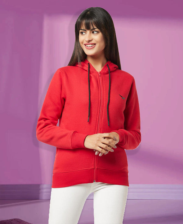 HiFlyers Women Red Cotton FleeceSolid Sweatshirt With Hood