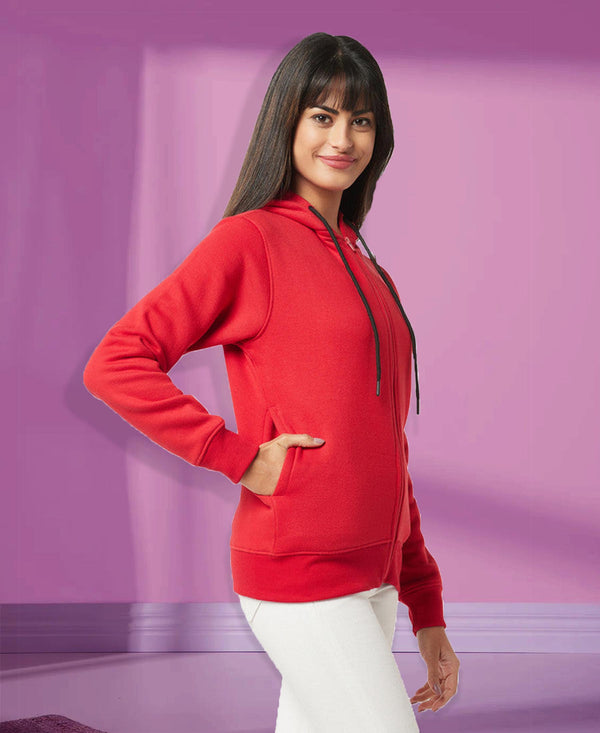 HiFlyers Women Red Cotton FleeceSolid Sweatshirt With Hood