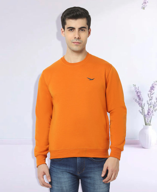 HiFlyers Mens Orange Slim Fit Solid Cotton Fleece Sweatshirt