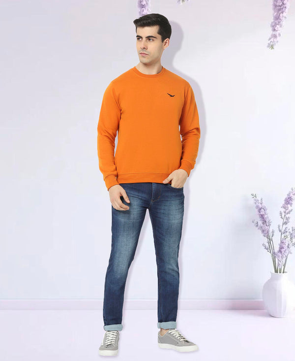 HiFlyers Mens Orange Slim Fit Solid Cotton Fleece Sweatshirt