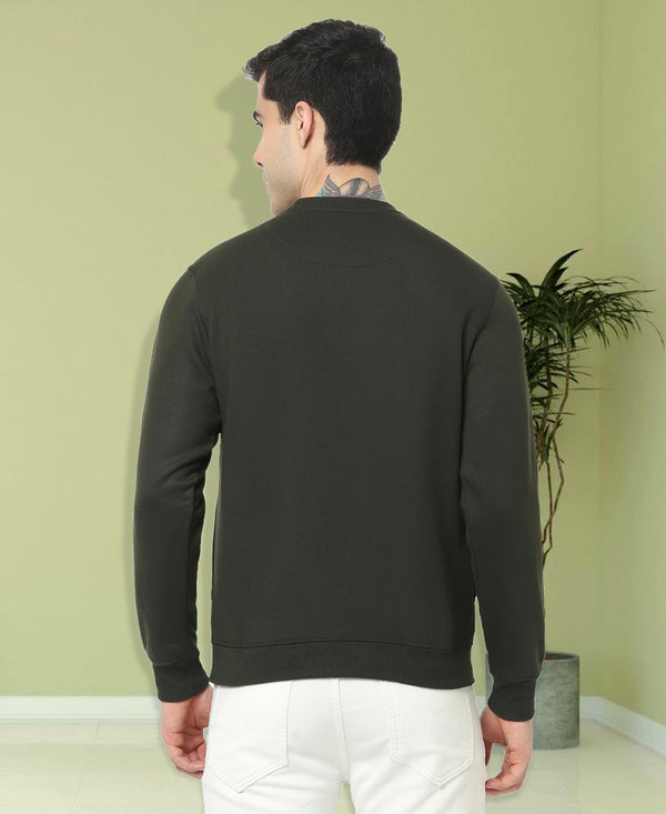 HiFlyers Mens Olive Slim Fit Solid Cotton Fleece Sweatshirt