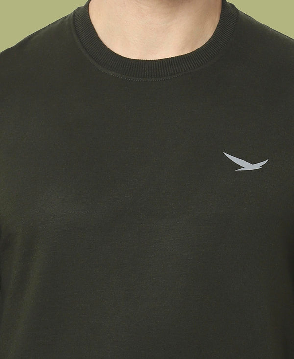 HiFlyers Mens Olive Slim Fit Solid Cotton Fleece Sweatshirt