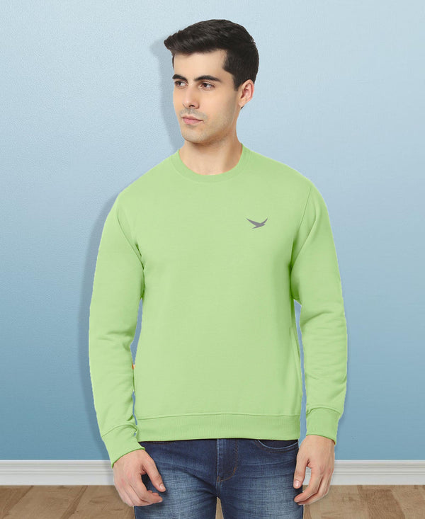 HiFlyers Men Slim Fit Solid Cotton Fleece Sweatshirt -Pista Green