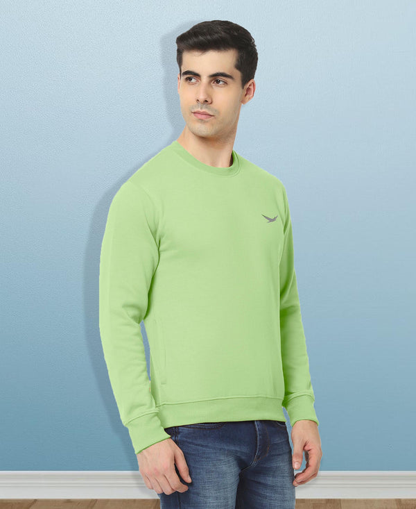 HiFlyers Men Slim Fit Solid Cotton Fleece Sweatshirt -Pista Green