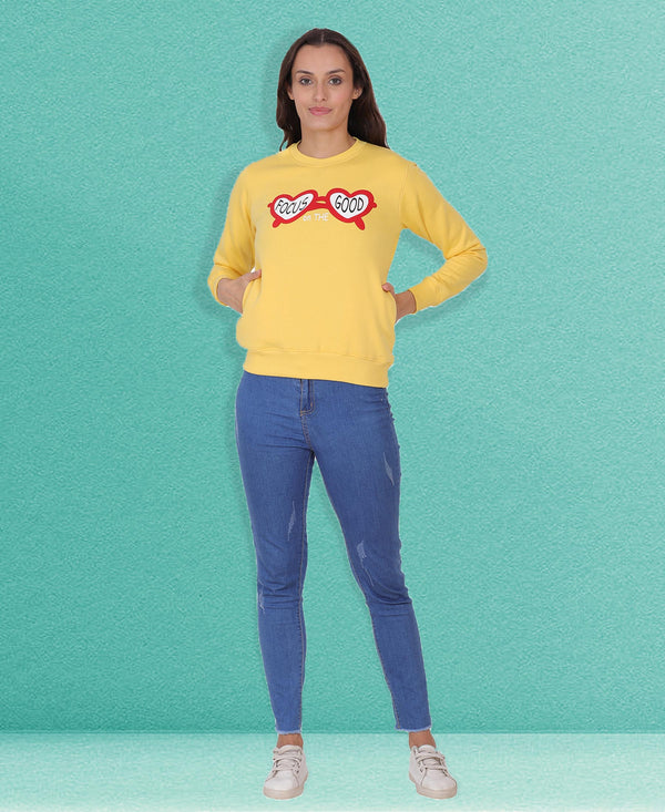 HiFlyers Women Yellow Regular Fit Printed Round Neck Sweatshirt