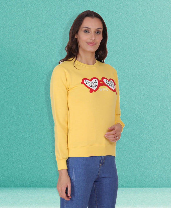 HiFlyers Women Yellow Regular Fit Printed Round Neck Sweatshirt
