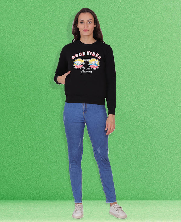 HiFlyers Women Black Regular Fit Printed Round Neck Sweatshirt